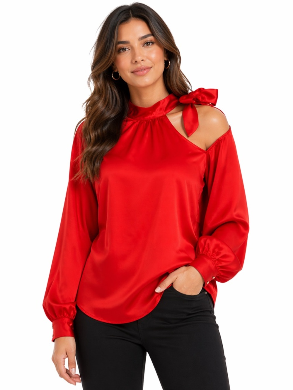 NWOT Love Tree Red High Collar Tie Open Shoulder Balloon Sleeve Size Large